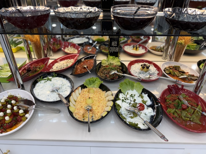 Meze, salads and jams on the breakfast buffet